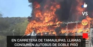 En carretera de Tamaulipas, llamas consumen autobús de doble piso