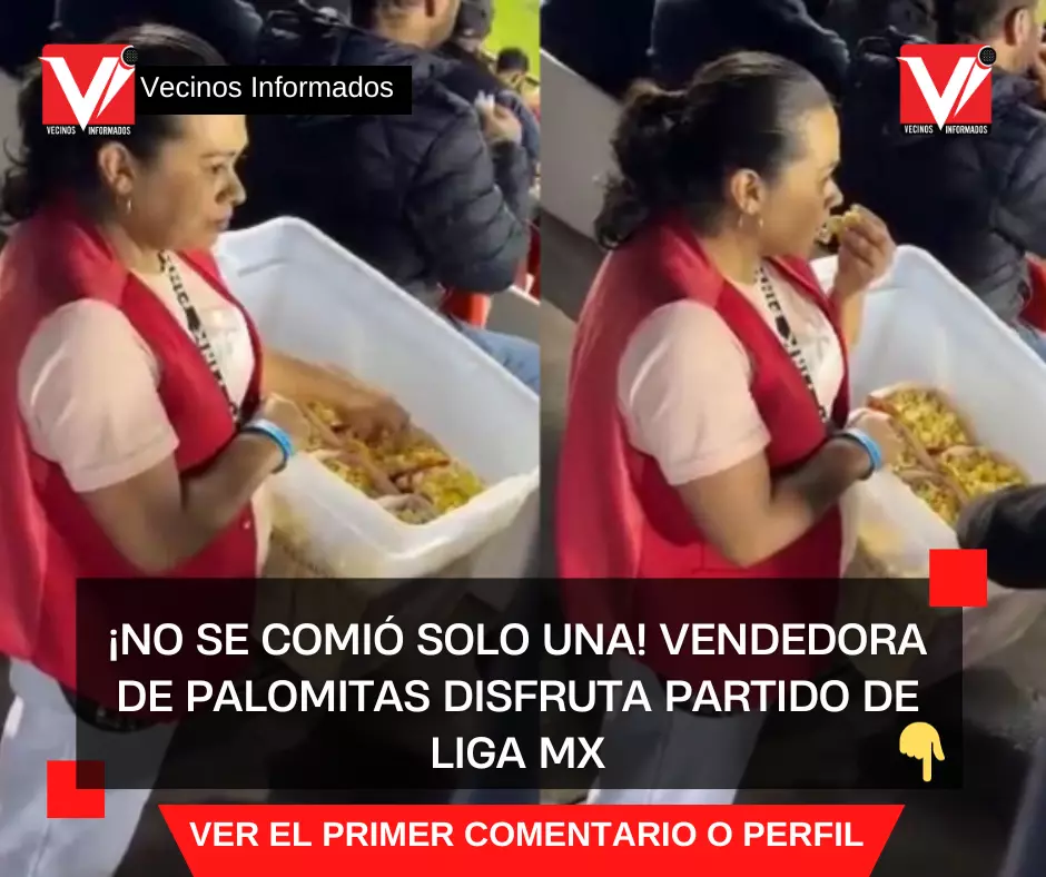 ¡No se comió solo una! Vendedora de palomitas disfruta partido de Liga MX