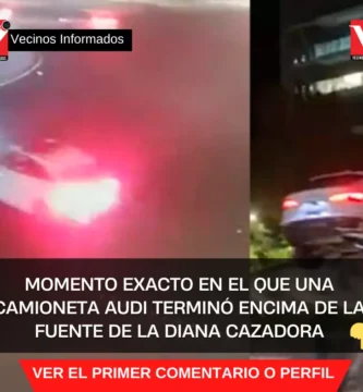 Momento exacto en el que una camioneta audi terminó encima de la fuente de la Diana Cazadora en Reforma.