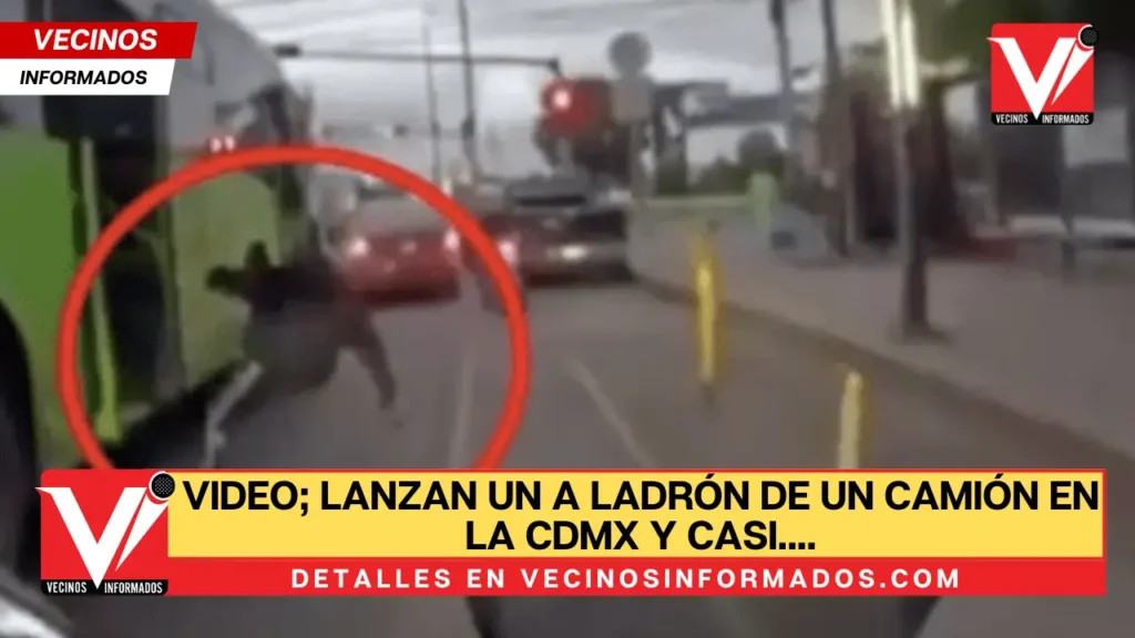 Lanzan un a ladrón de un camión en la CDMX y una moto casi lo aplasta