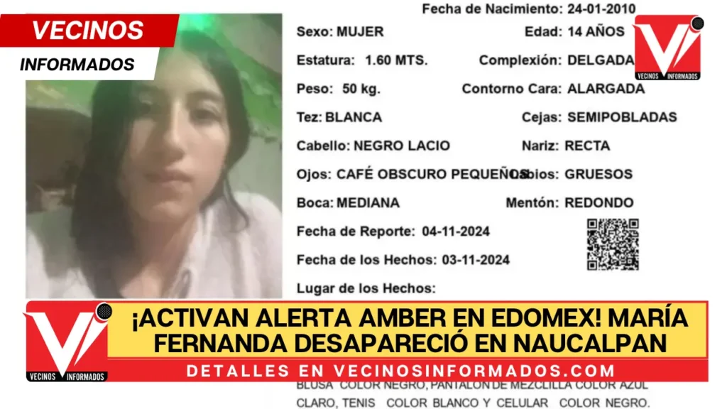 ¡Activan Alerta Amber en Edomex! María Fernanda desapareció en Naucalpan;