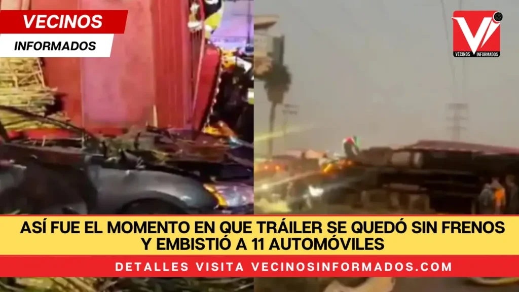 Así fue el momento en que tráiler se quedó sin frenos y embistió a 11 automóviles