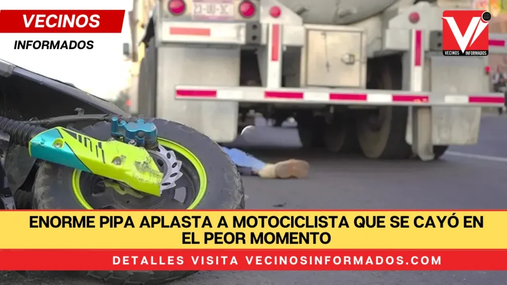 Enorme pipa aplasta a motociclista que se cayó en el peor momento