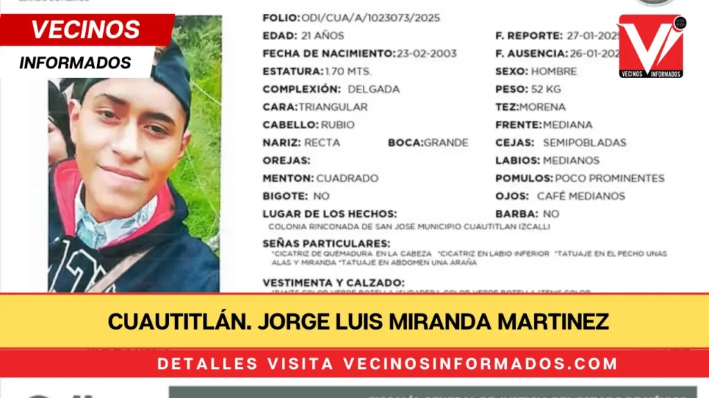 Urgente: Buscan a joven desaparecido en Cuautitlán Izcalli