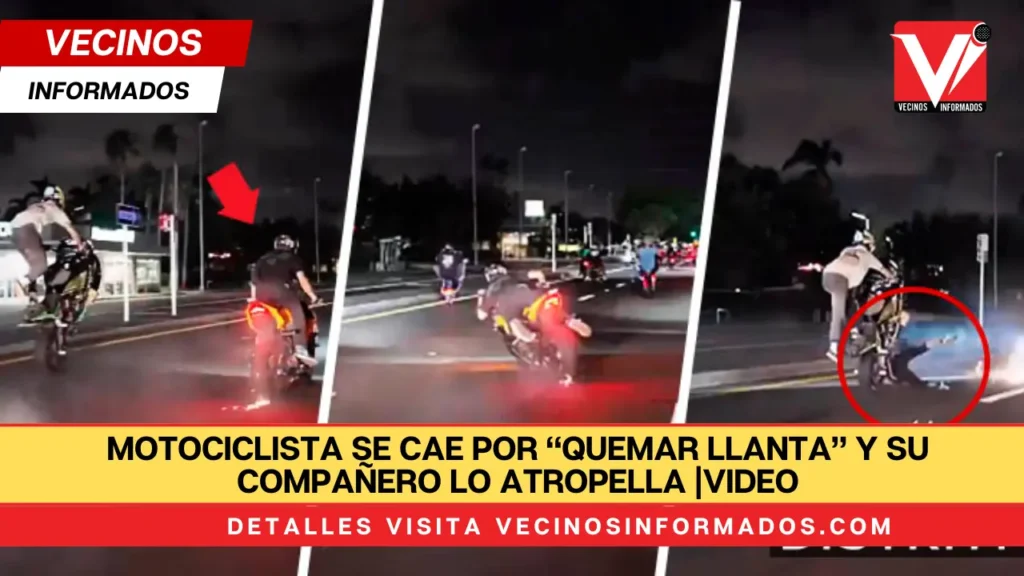 Motociclista se cae por “quemar llanta” y su compañero lo atropella |VIDEO