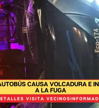 Chofer de autobús causa volcadura e intenta darse a la fuga